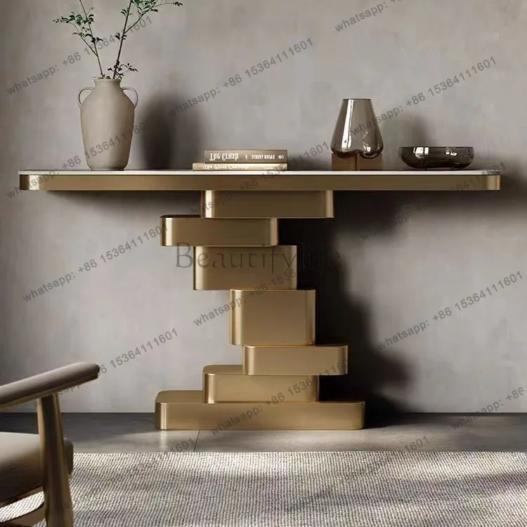 13Light luxury entrance table, hall against the wall shelf, end view table, rock slab stainless steel foyer table