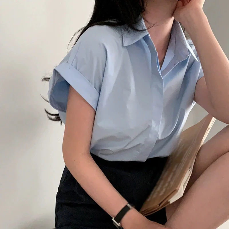 Summer Casual Women Shirt Lady Office Lady Shirts Fashion Female Student Short Sleeve Loose Solid Blouse Tops