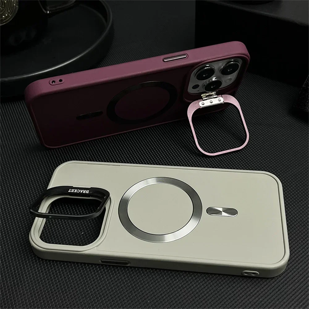 for Magsafe Camera Bracket Matte Case for iPhone 15Pro 14 15 13 Pro Max Plus Invisible Stand Solid Color Cover for iPhone 12 11