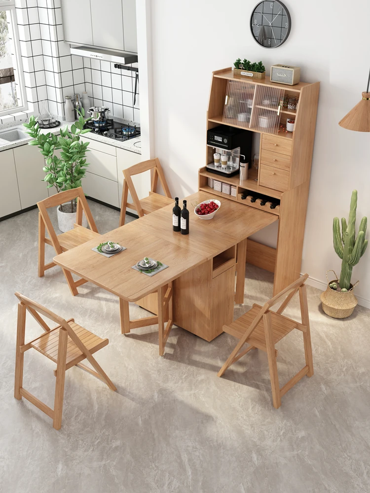 Solid wood folding dining table and side cabinet integrated, household, multi-functional