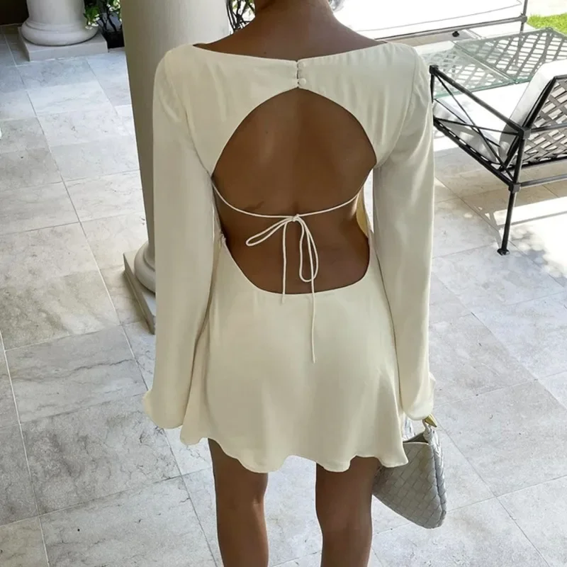 DINADD Abito senza schienale in raso Abito corto da donna sexy con lacci a maniche lunghe a trapezio Elegante abito da sera con scollo a barchetta