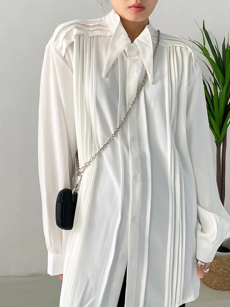 [EAM] Women White Pleated Big Size Elegant Blouse New Lapel Long Sleeve Loose Fit Shirt Fashion Tide Spring Autumn 2024 1DF0359