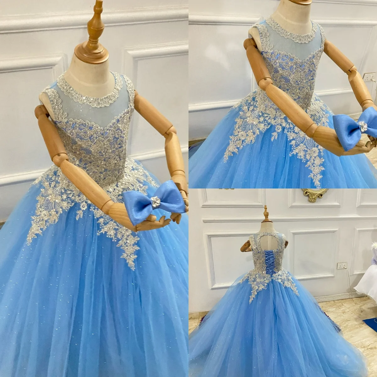 Sky Blue Flower Girl Dresses Customized Children Birthday Party Gowns Shiny Tulle Bling Bling Lace Appliqued Girls Photos Gowns