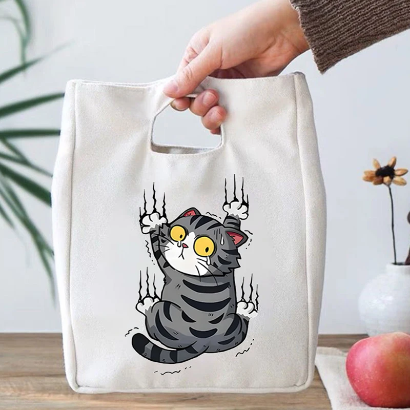 Kawaii Cartoon Cat Print Girls Insulation Bags Cartoon Cat Gift Portable Lunch Bag Kids Cute Animal Lovers Essential Lunch Bags