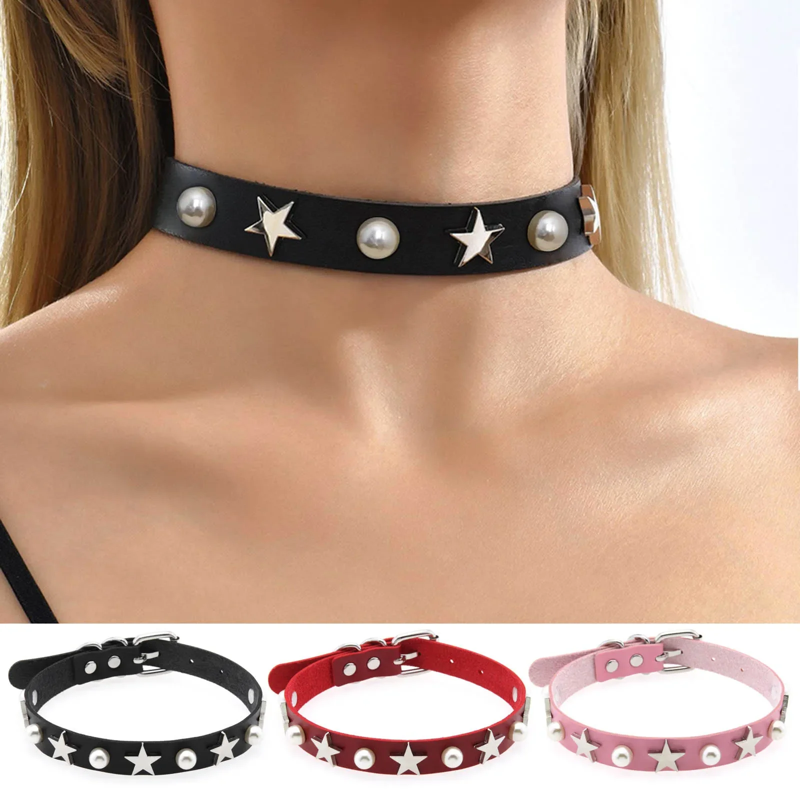 Punk Harajuku Personality Sexy Creativity Five-pointed star rivets Imitation pearl Multicolored Leather Alloy Clavicle chain