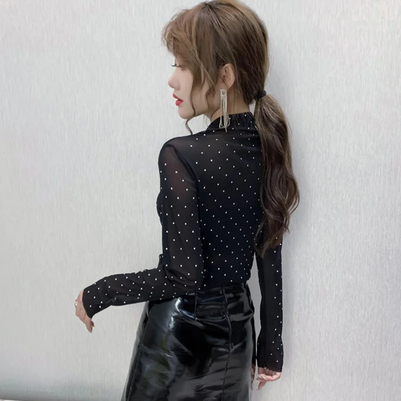 #8455 Black Mesh Tshirt Women Polka Dot Printed Long Sleeve T Shirt Femme Turtleneck Diamonds Sexy Perspective T-shirt Thin Slim