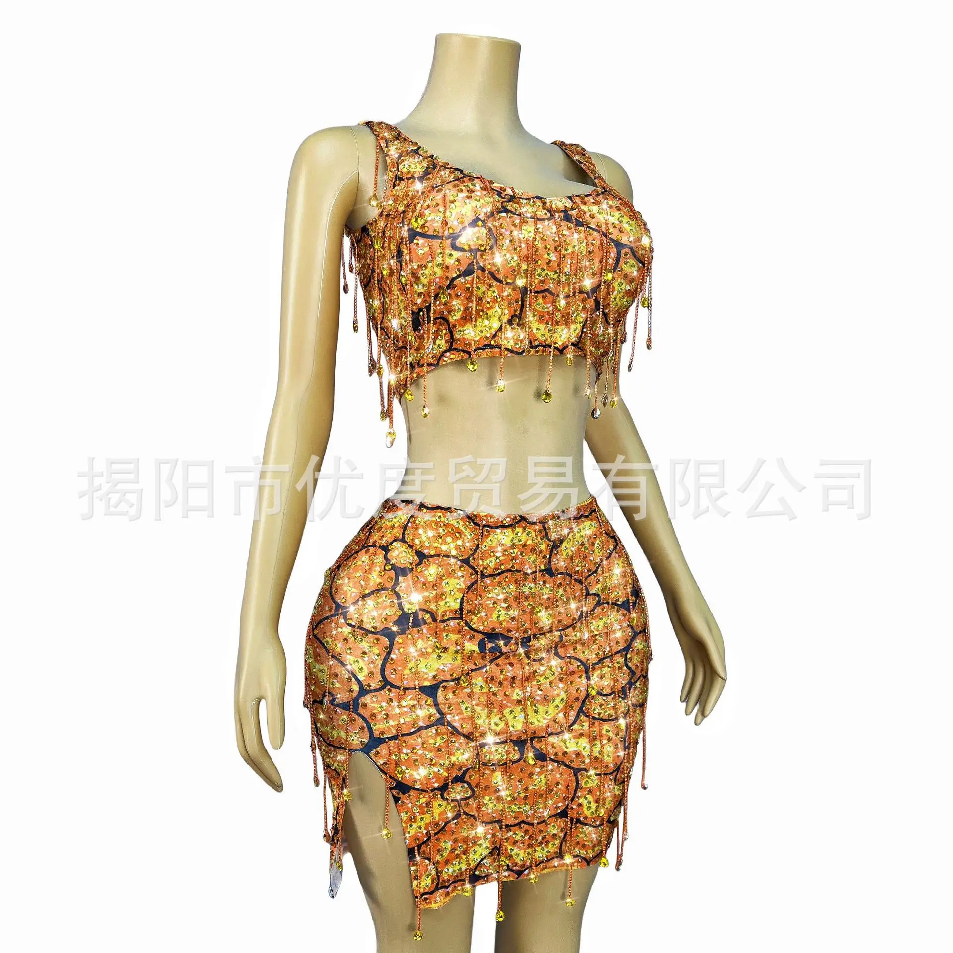 Halloween Golden Rhinestone Stretch Glam Vest Short Dress Diamond Chain Tassel Dance Costume Pumpkin Head Graduation Party Dress