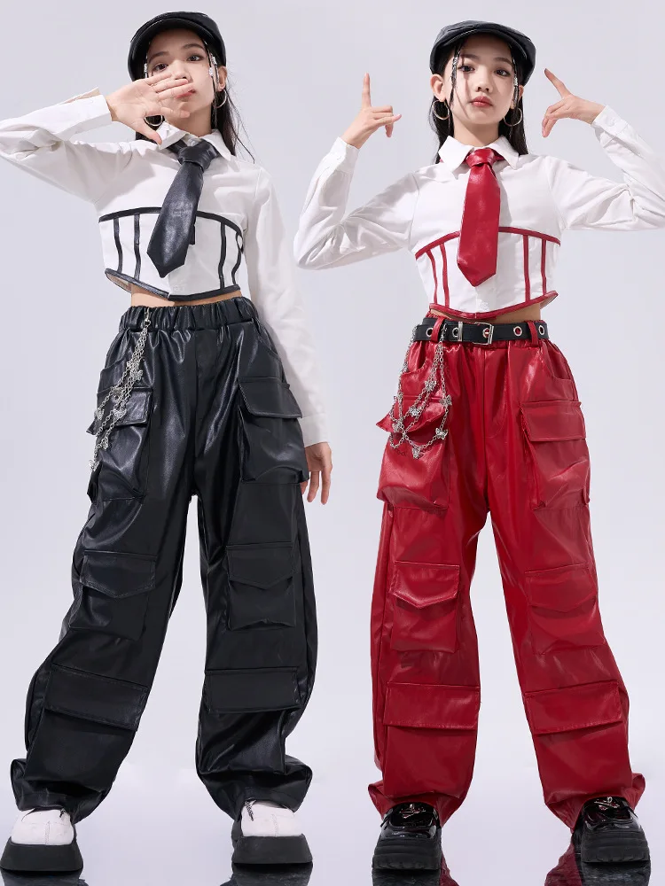 الفتيات الهيب هوب المحاصيل الأعلى بولي Leather السراويل الجلدية البضائع الطفل زي مدرسي ازياء الاطفال الشارع الشهير الجاز K-pop شارع الرقص الملابس مجموعات