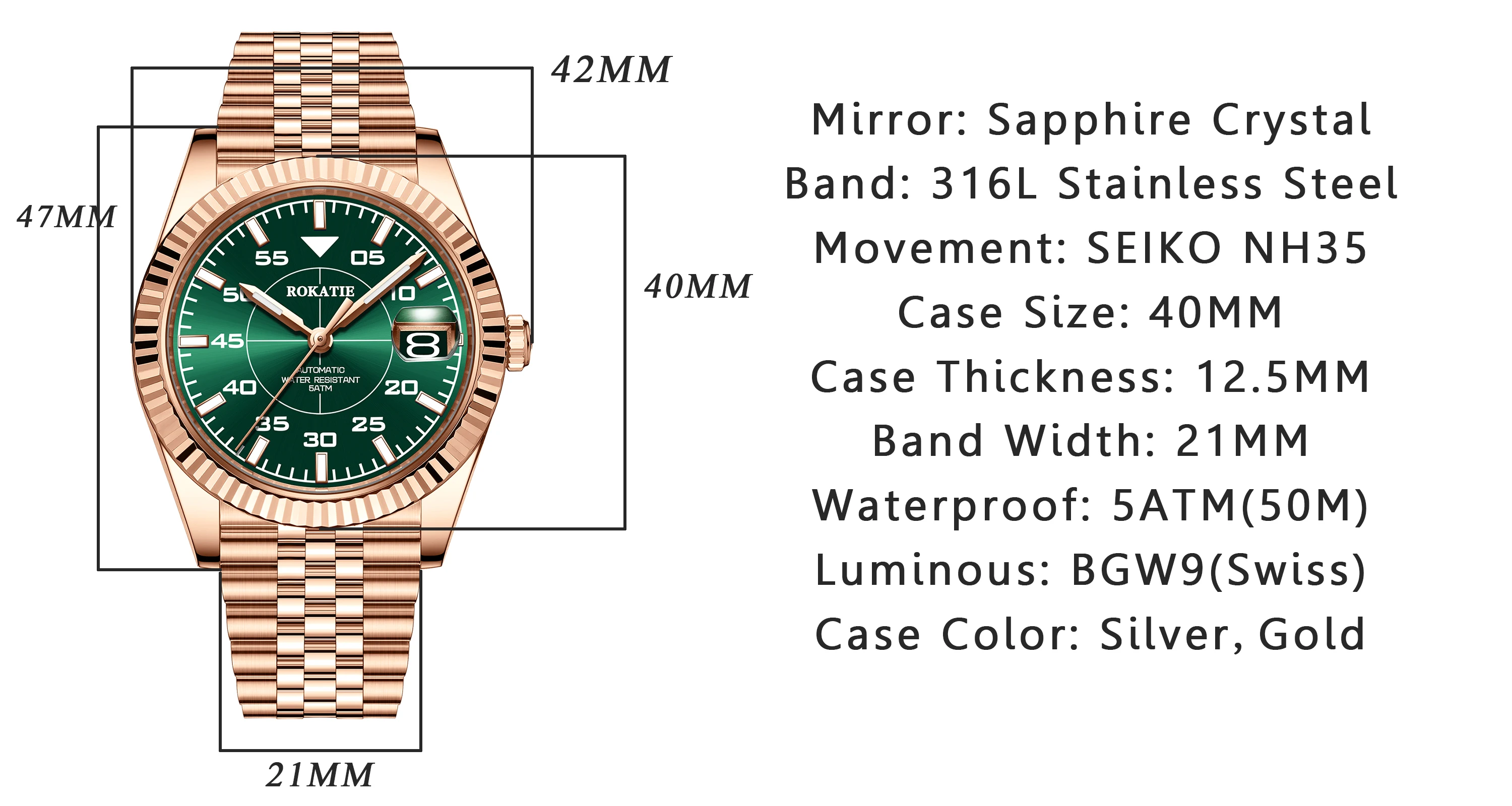 ROKATIE นาฬิกาข้อมือสแตนเลส 316L NH35 การเคลื่อนไหวอัตโนมัตินาฬิกา 5ATM สตีลหรูหราธุรกิจนาฬิกา