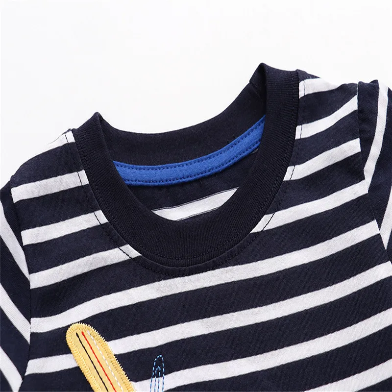 Jumping Meters 2-7T Boys Aircraft Embroidery Striped Kids T Shirts Summer Children\'s Clothing Fashion Baby Tees Tops