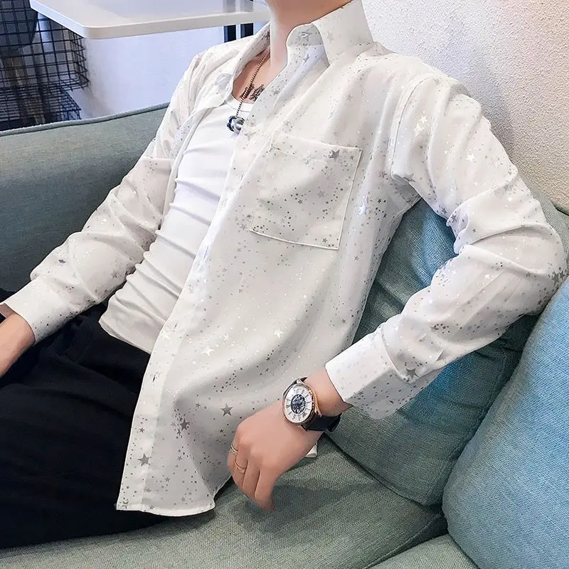 Internet Celebrity Five-pointed Star Shirt Men's Long-sleeved Casual Silky Ins Handsome Hair Stylist Trendy Star Versatile Shirt