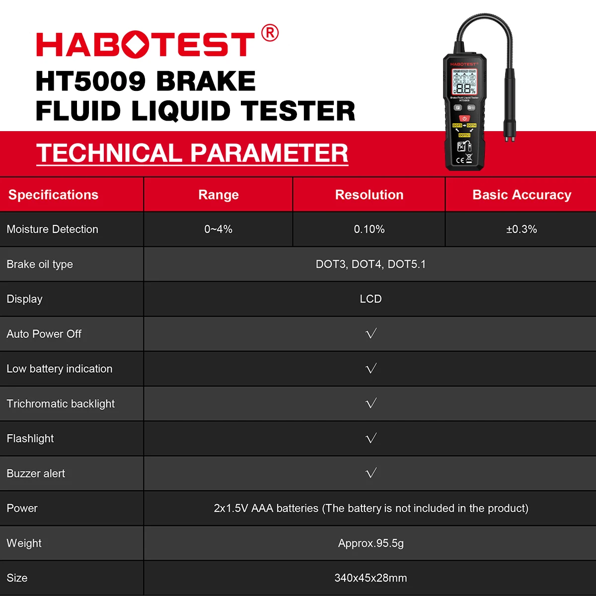 HT5009 Brake Fluid Tester Digital Auto Brake Liquid Oil Detector Tool for DOT3 DOT4 DOT5.1 Hydraulic Oil Moisture Analyzer