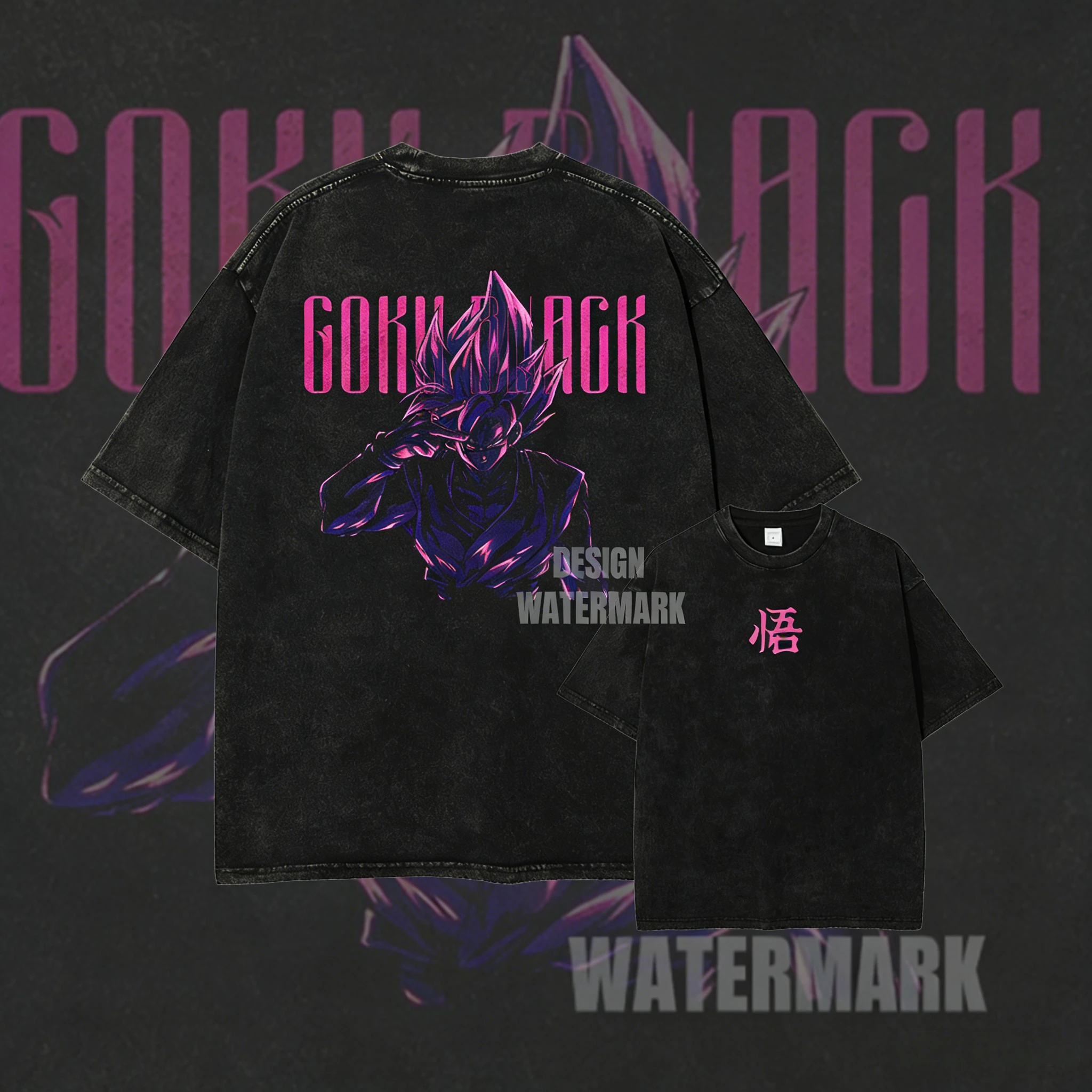 Camiseta de Algodón Lavado Dragon Ball Verano 2026, Estilo Retro Oversize, Casual, con Estampado de Goku Black y Kanji 'Go', Unisex para Fans del Anime Y2k