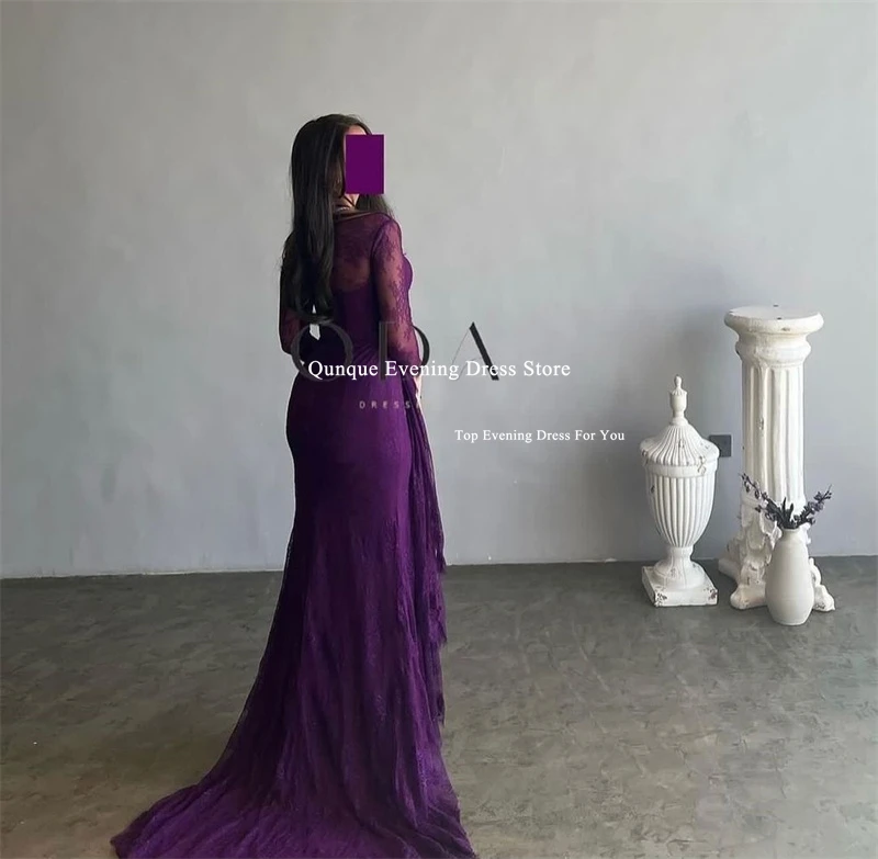 Qunque Purple Lace Formal Occasion Dress Customized Sweetheart Split Train Mermaid Prom Dress Lady Cocktail Evening Party Gowns