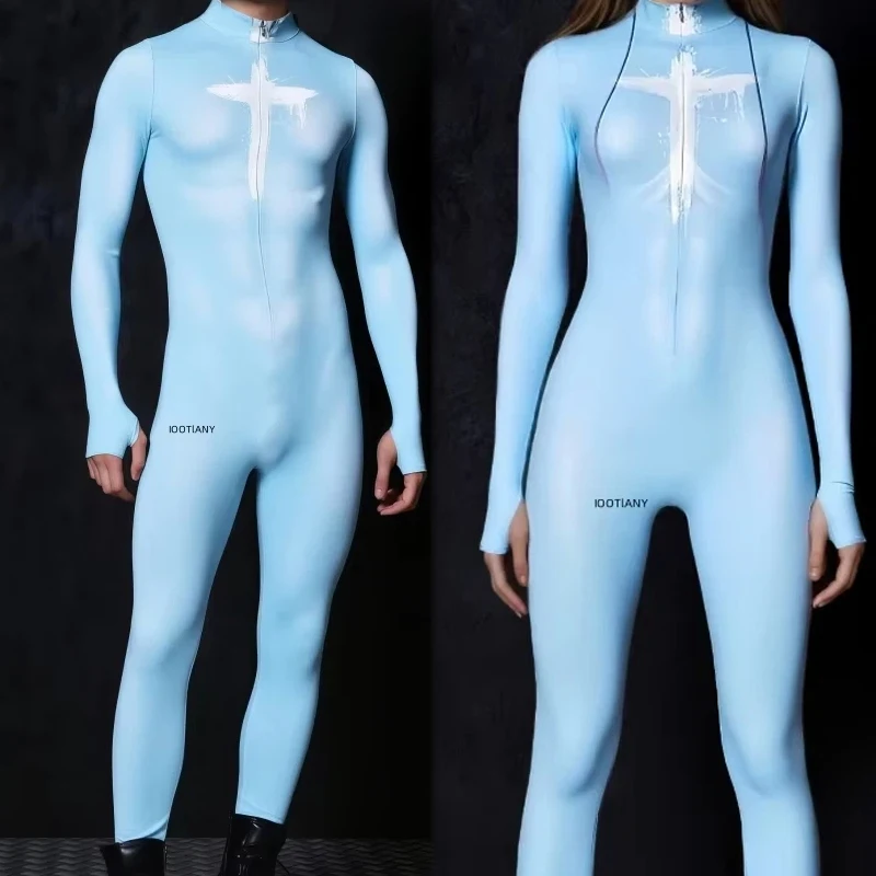 

Couple Human Muscle Print Blue Jumpsuit Cosplay Costume Halloween Carnival Party Costume Slim Jumpsuit Stage Costume 2026