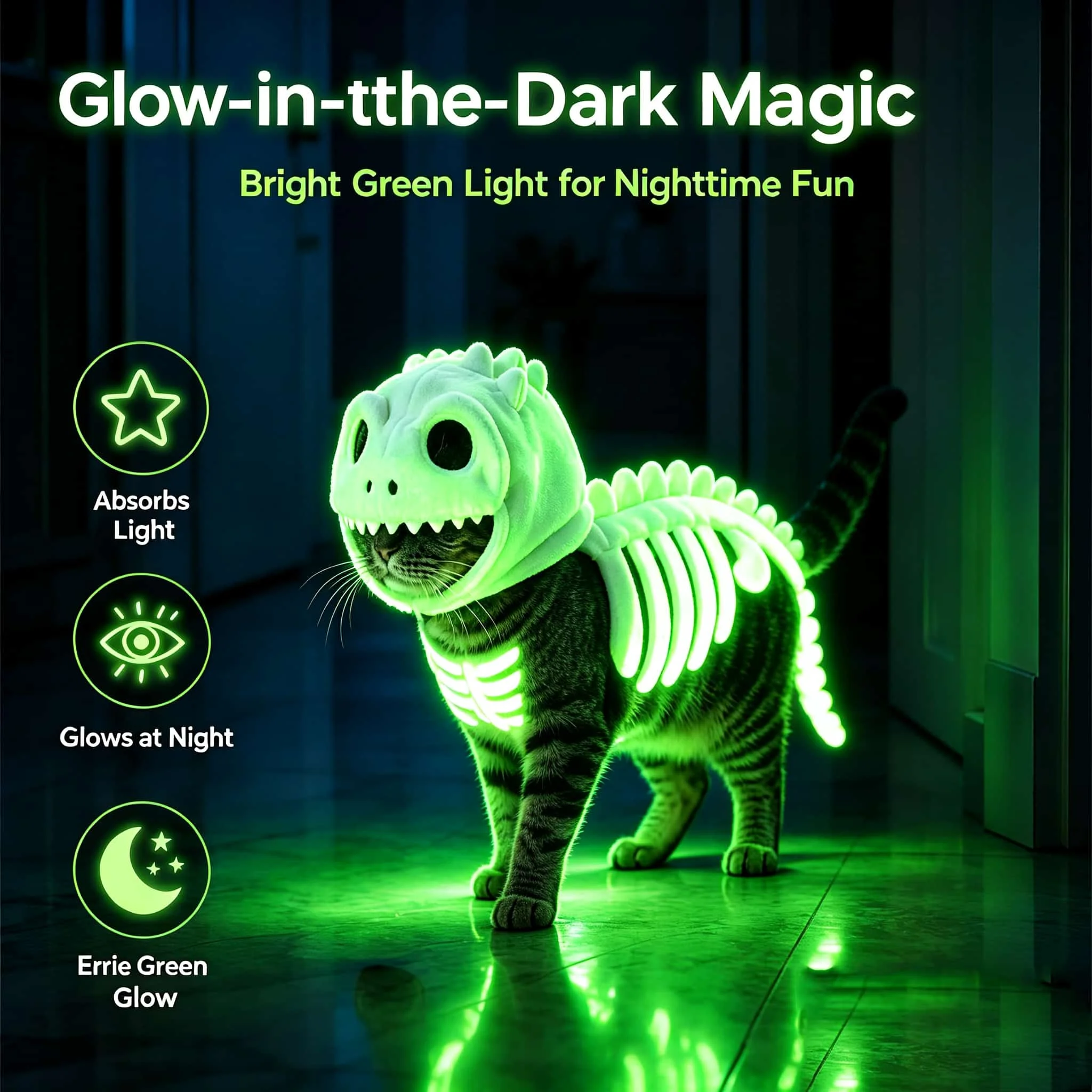 Halloween Dinosaurier-Skelett-Katzenkostüm, leuchtet im Dunkeln, Plüsch-Kapuzen-Cosplay-Outfit für kleine und mittelgroße Katzen, lustiges Party-Foto-Requisit – Detail 5
