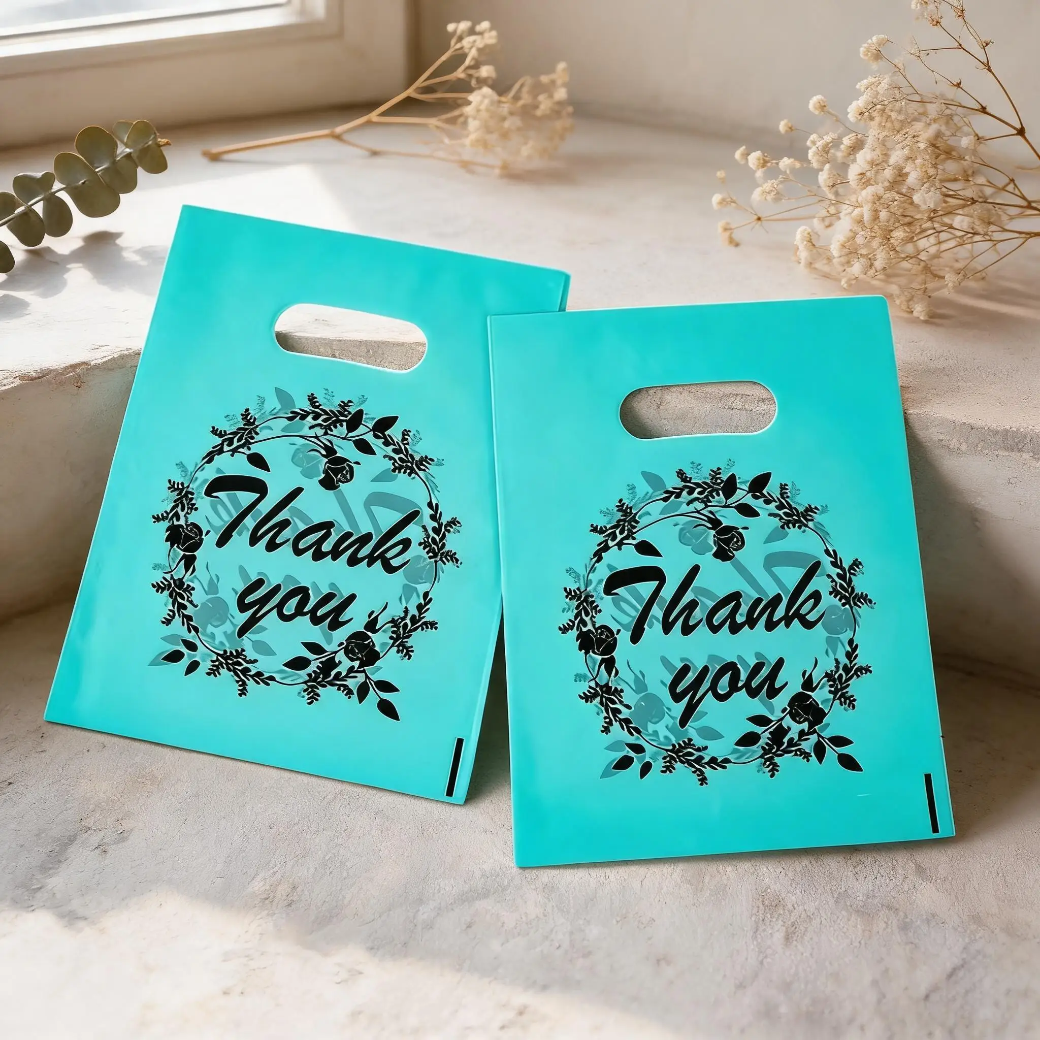 Event Party Shop - 100 Stück 15x20cm Blumenkranz-Dankeschön-Plastiktüten mit Stanzgriff