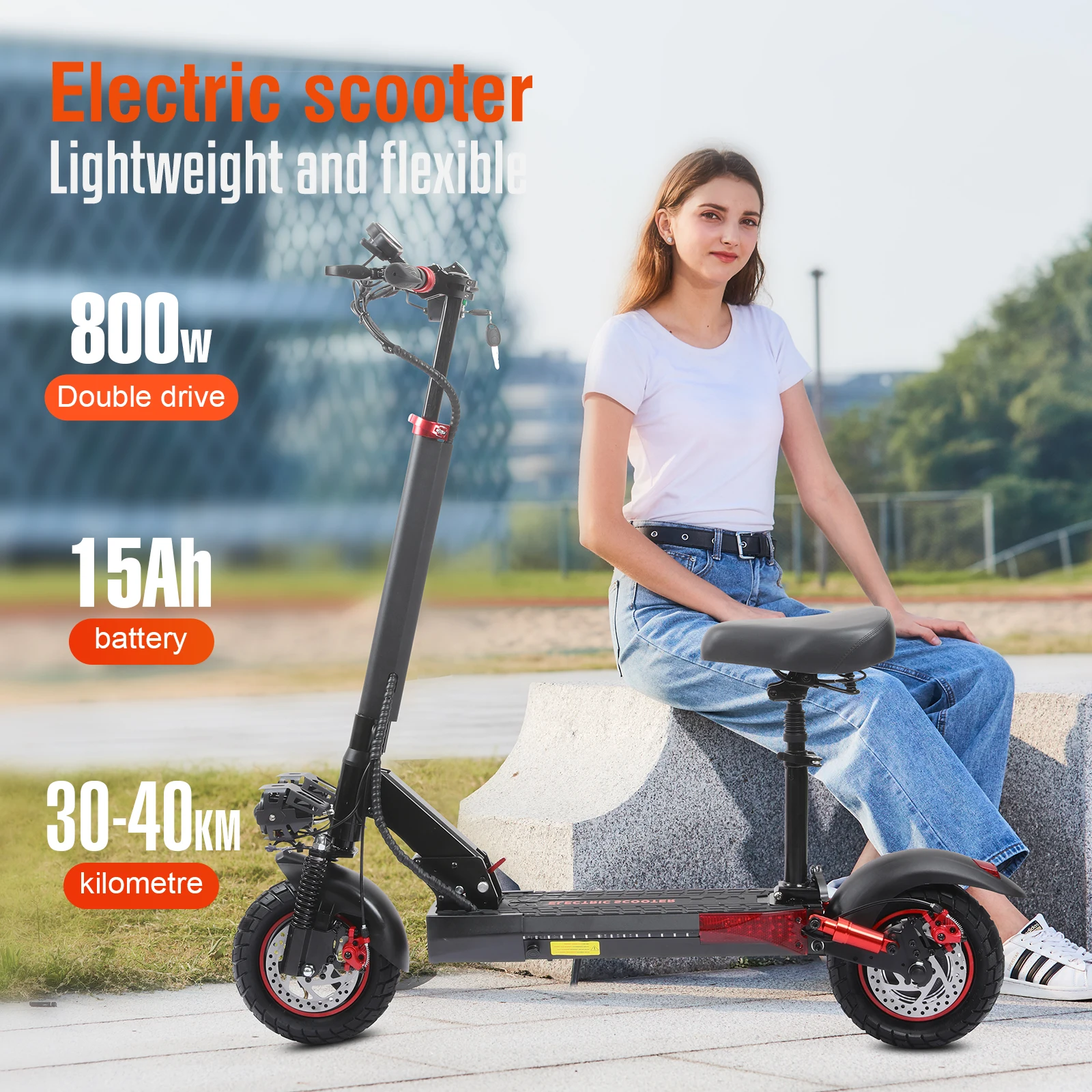 US Stock FREEBOY Adult Electric Scooter 800W Dual Drive 48V 15Ah Lithium Battery 30-40KM Range 40KM/H Max Speed Foldable E-scooter with Seat Dual Disc Brake Shock Absorption 10inch Off Road Tire Commuter Electric Kick Scooter