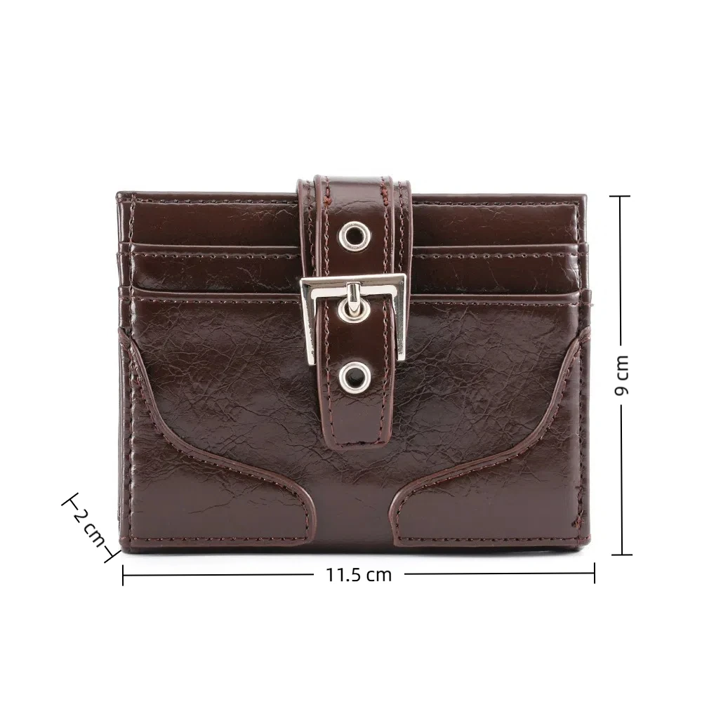 Women Silver Leather Card Holder Ultra-Thin Mini Buckle Coin Purse Portable Wallet Cute Bank Credit Id Bag Multi-Card Slot