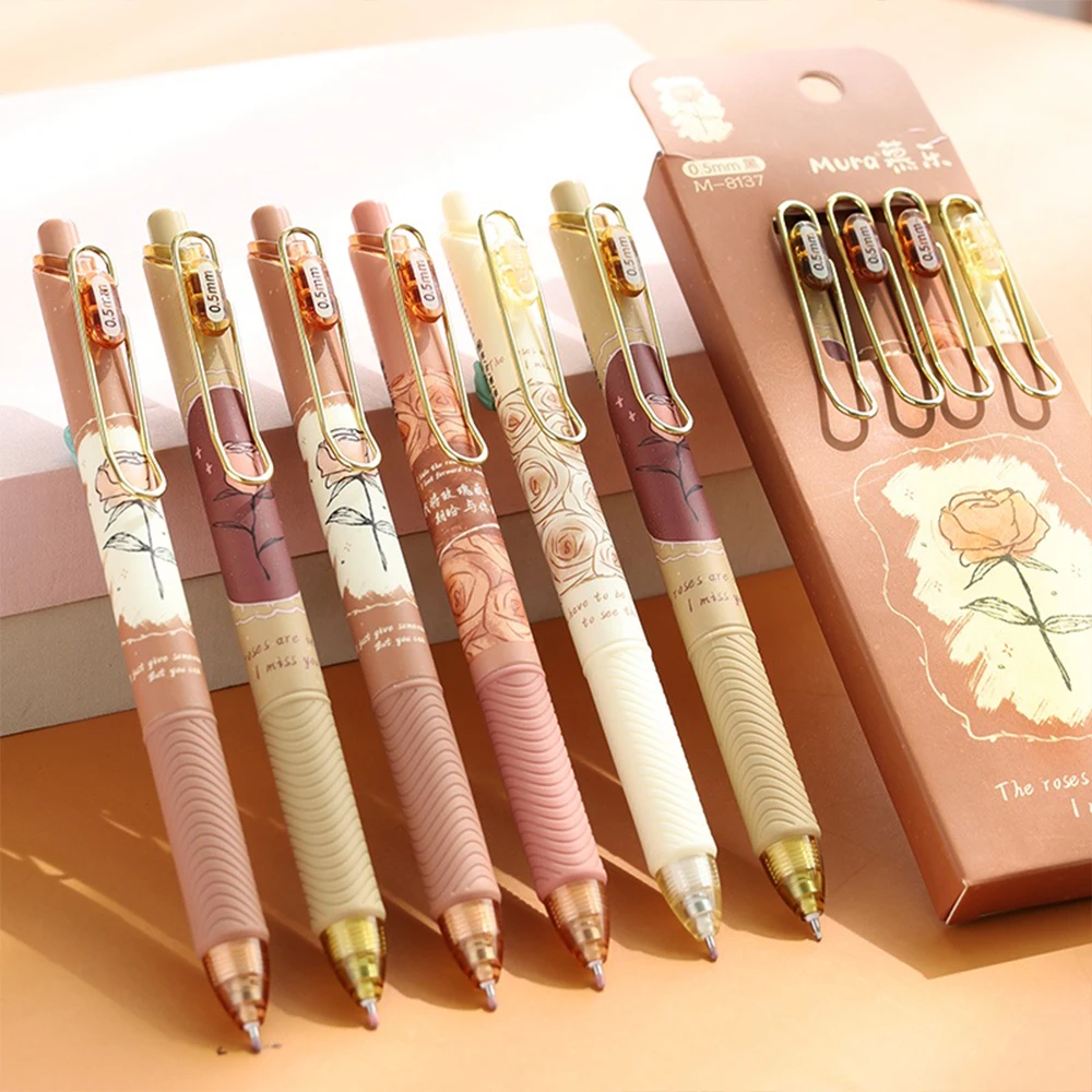 0.5mm Neutral Pen Black Ballpoint Pen Gel Ink Rose Flower and Poetry Replaceable Refills for Girls Students School Stationery