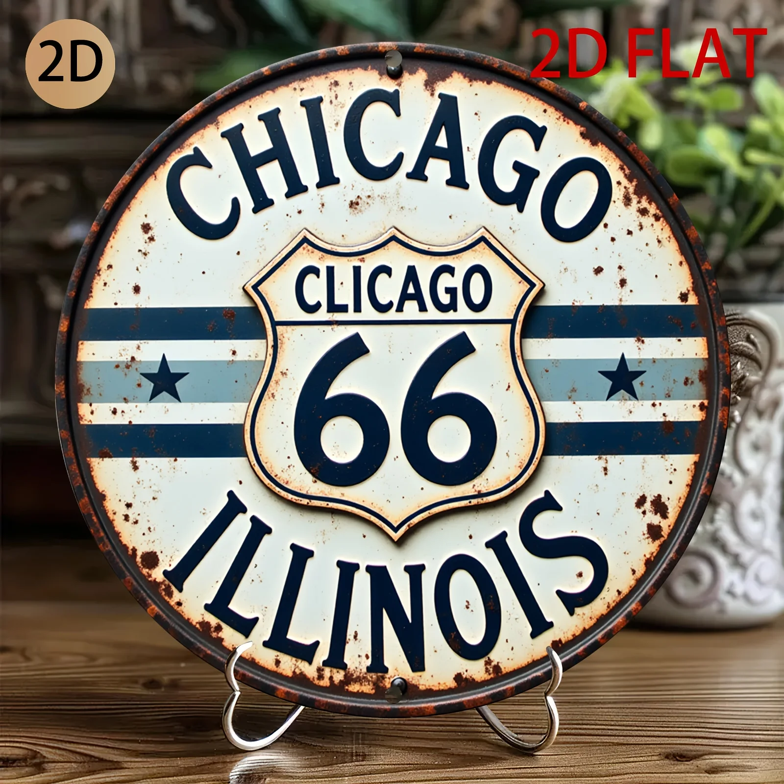 2D Flat, Vintage Route 66 Metal Wall Art - Rustic Tin Sign with 