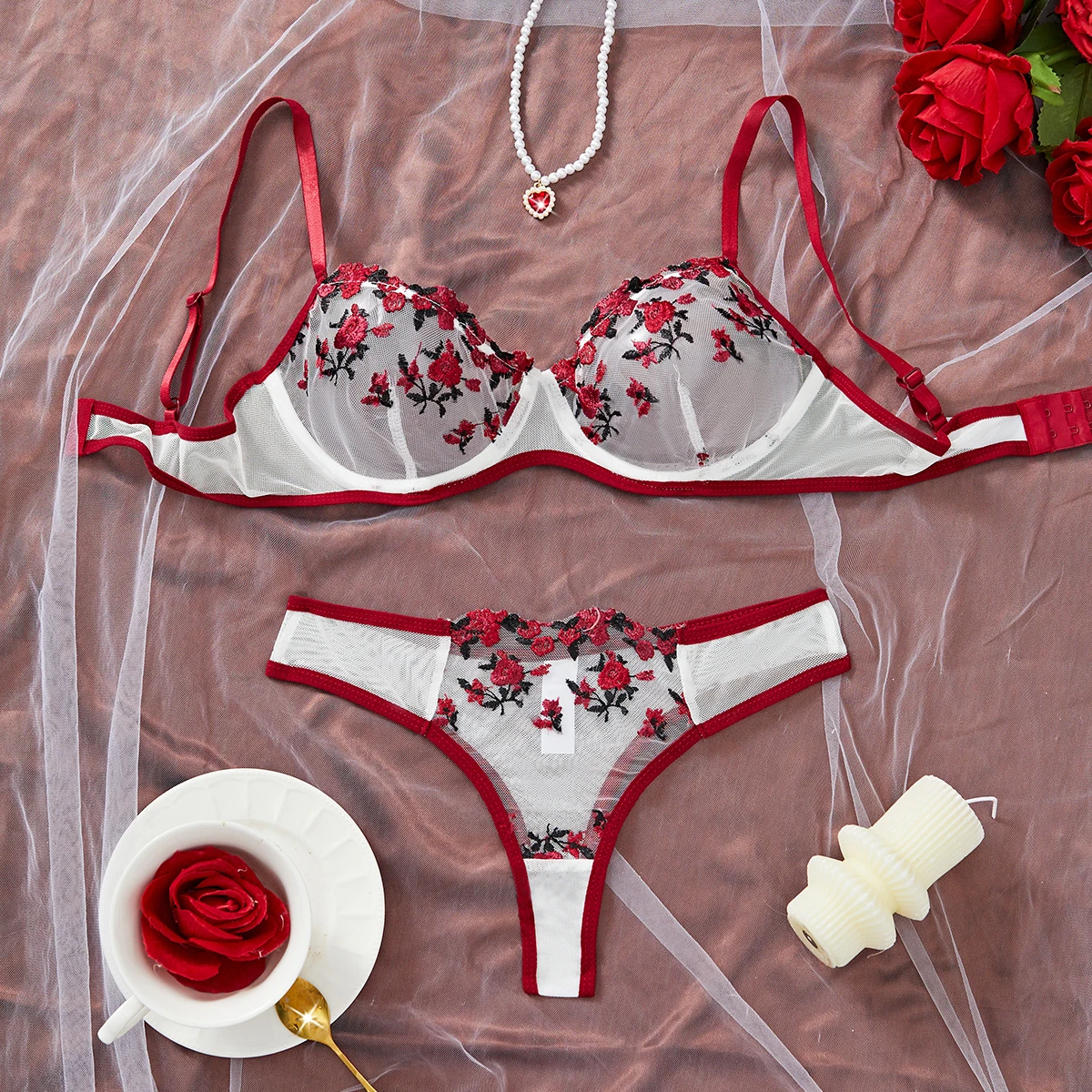 Contrast Lingerie Fancy Lace Set Woman 2 Pieces Women Underwear Embroidery Beautiful Bra And Panty Sets