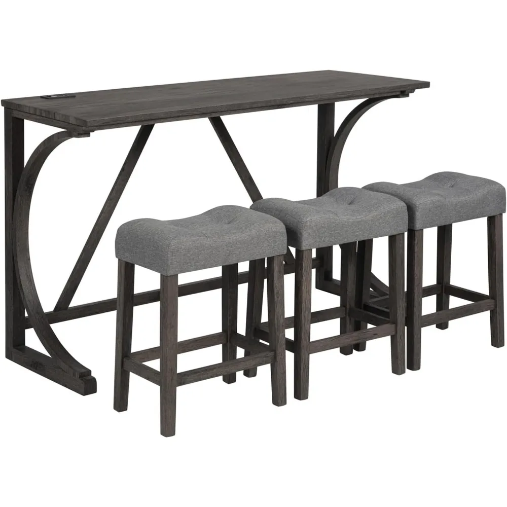 Industrial Bar Table Set with Power Outlet Breakfast Table Behind Couch Table withPadded Stools for Kitchen Living Room Dining