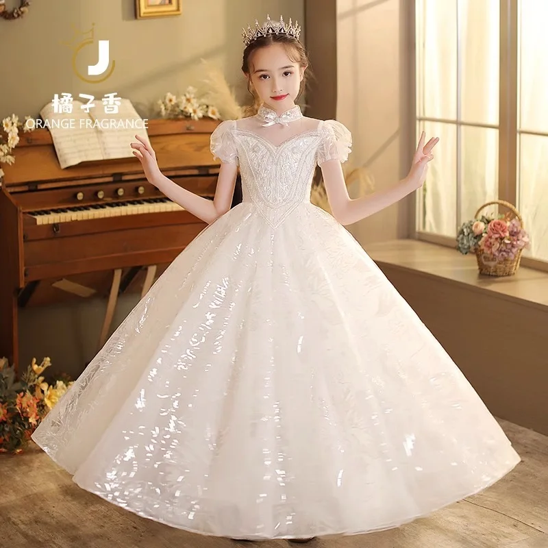 Girl Dress Wedding Sequin Lace Tulle Flower Girl Dress Puff Sleeve Vintage Junior Bridesmaid Ball Gown First Communion 3-14years