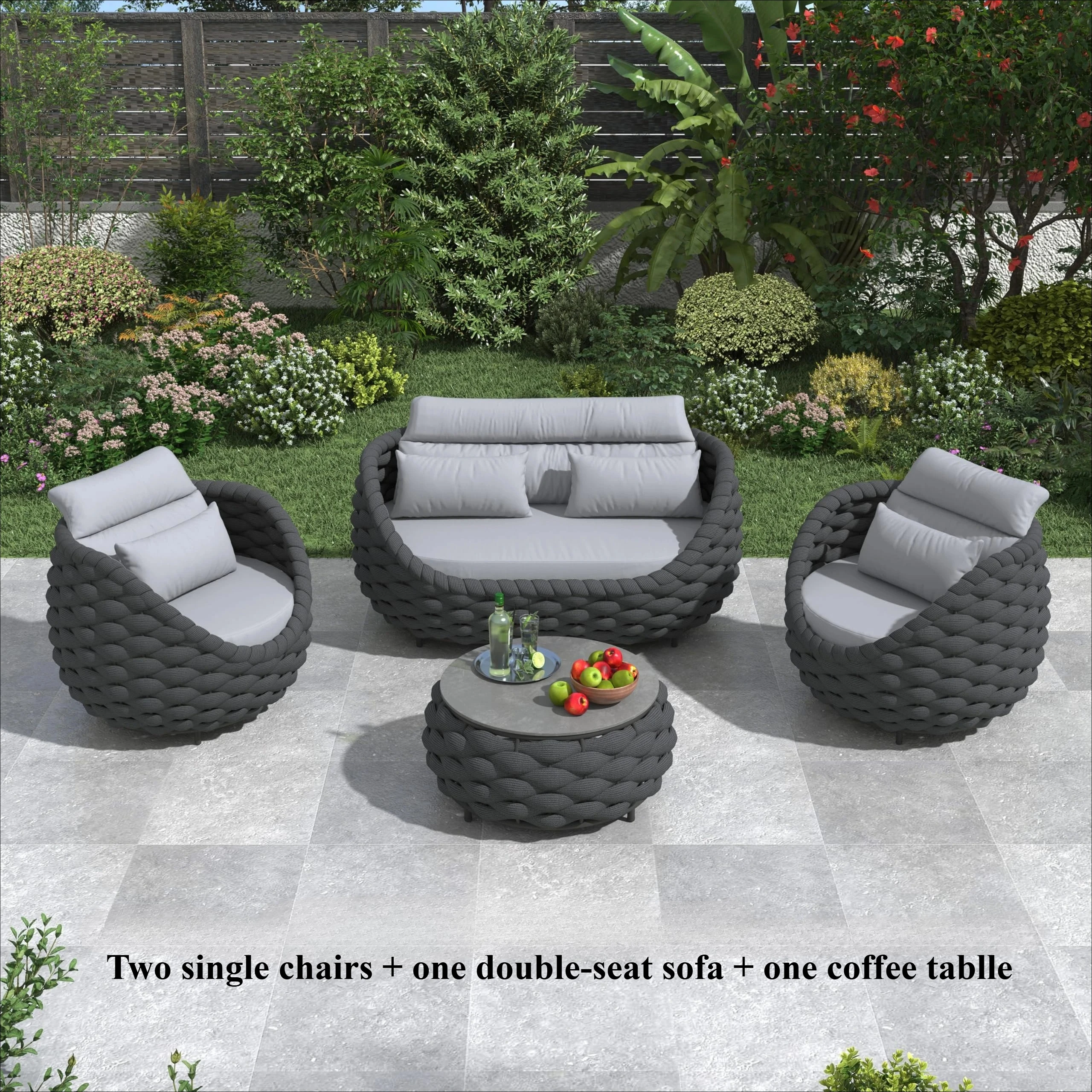Tuinstoelenset van geweven touw, aluminium tuinmeubilair, 2-delige set met kussens, fauteuil en tafel, geschikt voor balkon, tuin, veranda, zwembadterras