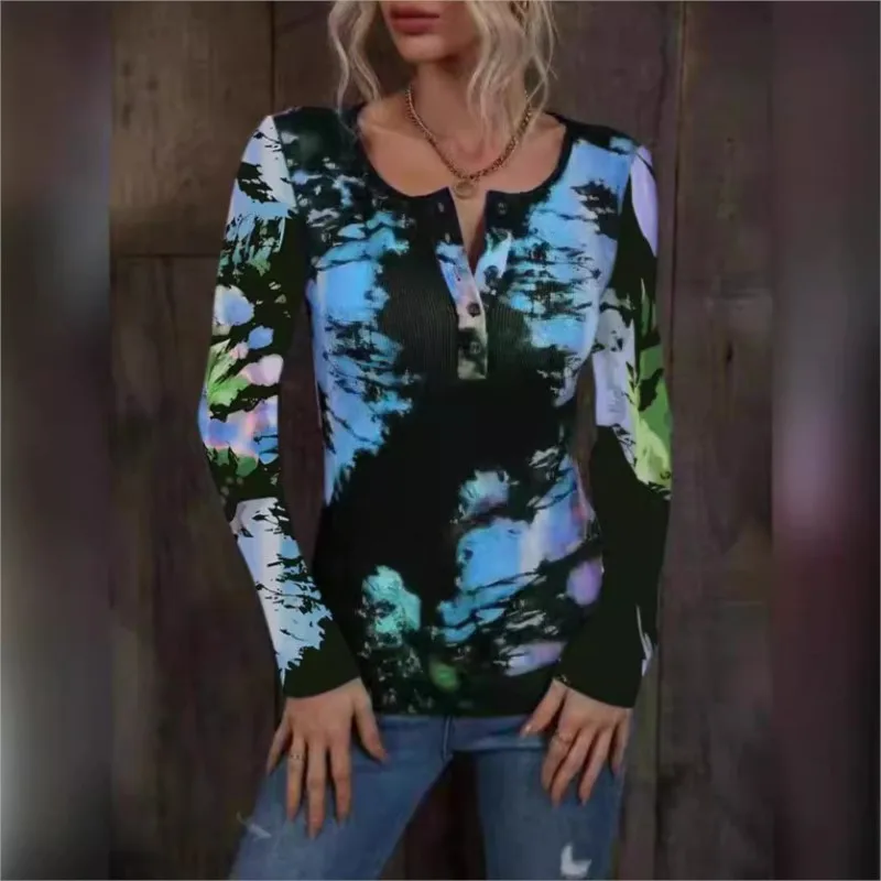 

Casual Vintage Tie-dye Printed T-shirt For Women Fashion 2024 Spring Autumn New Elegant Button T-shirts Tops Bohemia Streetwear