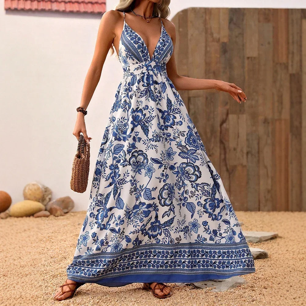 CPSYMYM  Dresses Spring Summer Casual Traditional Floral Full Print Sleeveless Plunge Neck A-Line Vacation Dresses For Women