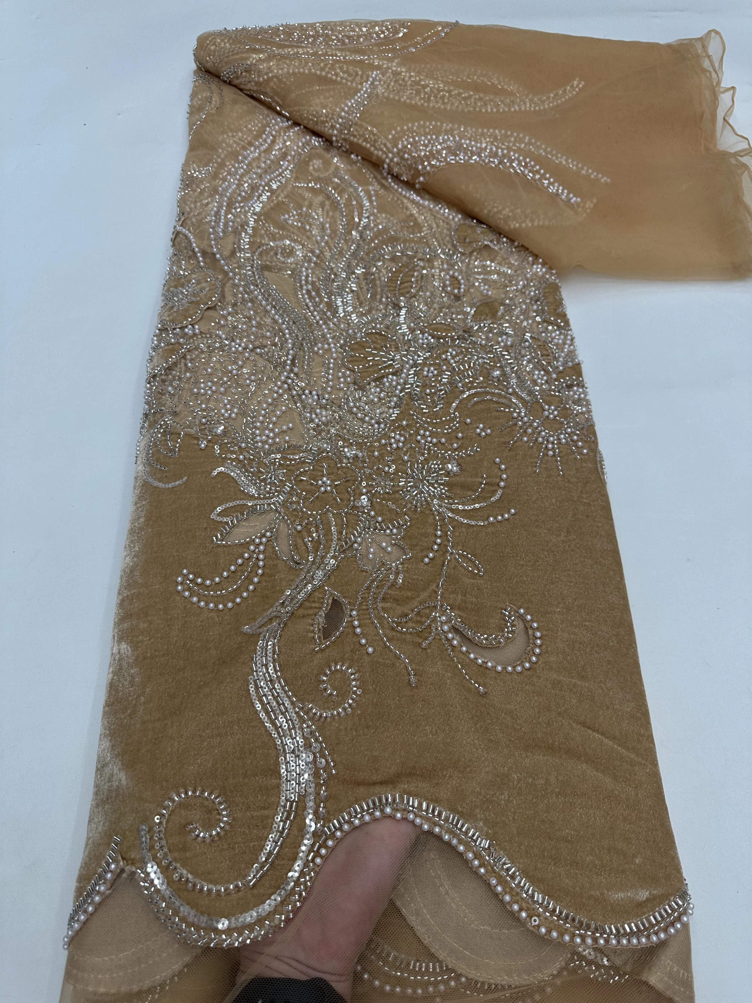 

Luxury African Beaded Nigerian Sequins Pearl Velvet Lace Fabric High Quality for Party Dress Sewing 2025