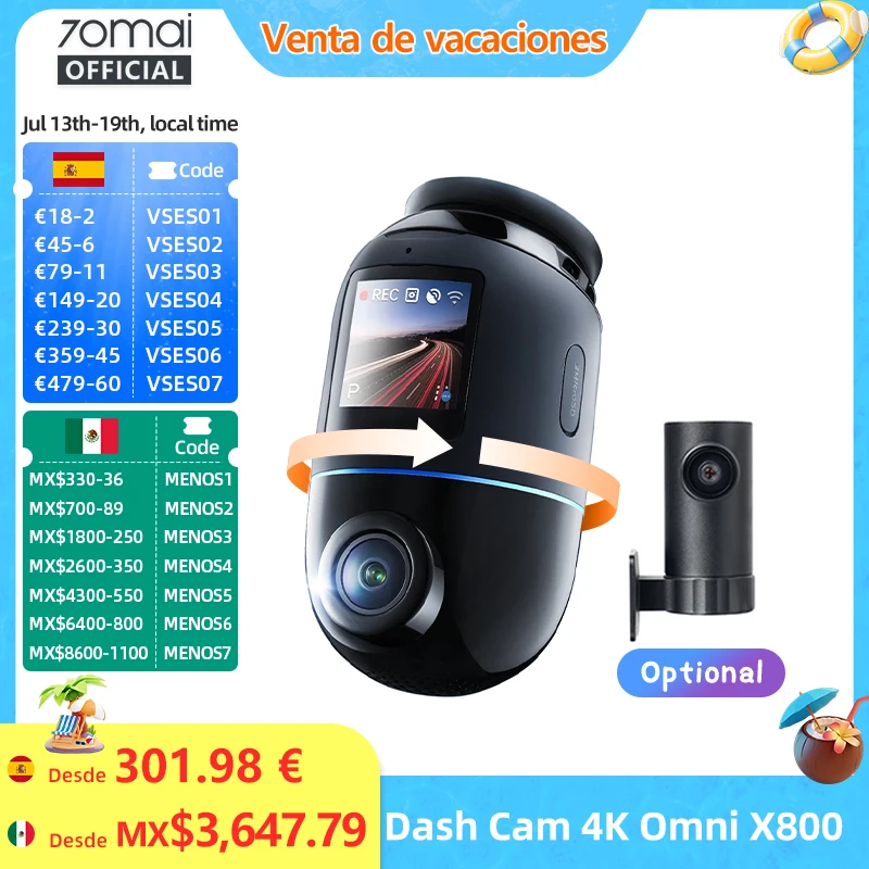 Versión Global 70Mai Dash Cam 4K Omni X800 360 ° Supercondensador Compatible Con 4G Compatible Con Hdr De Doble Canal Giratorio 70Mai X800 Omni — -54%, 363.55€ Coupon, from 309.69€ – 54% descuento – €309.69