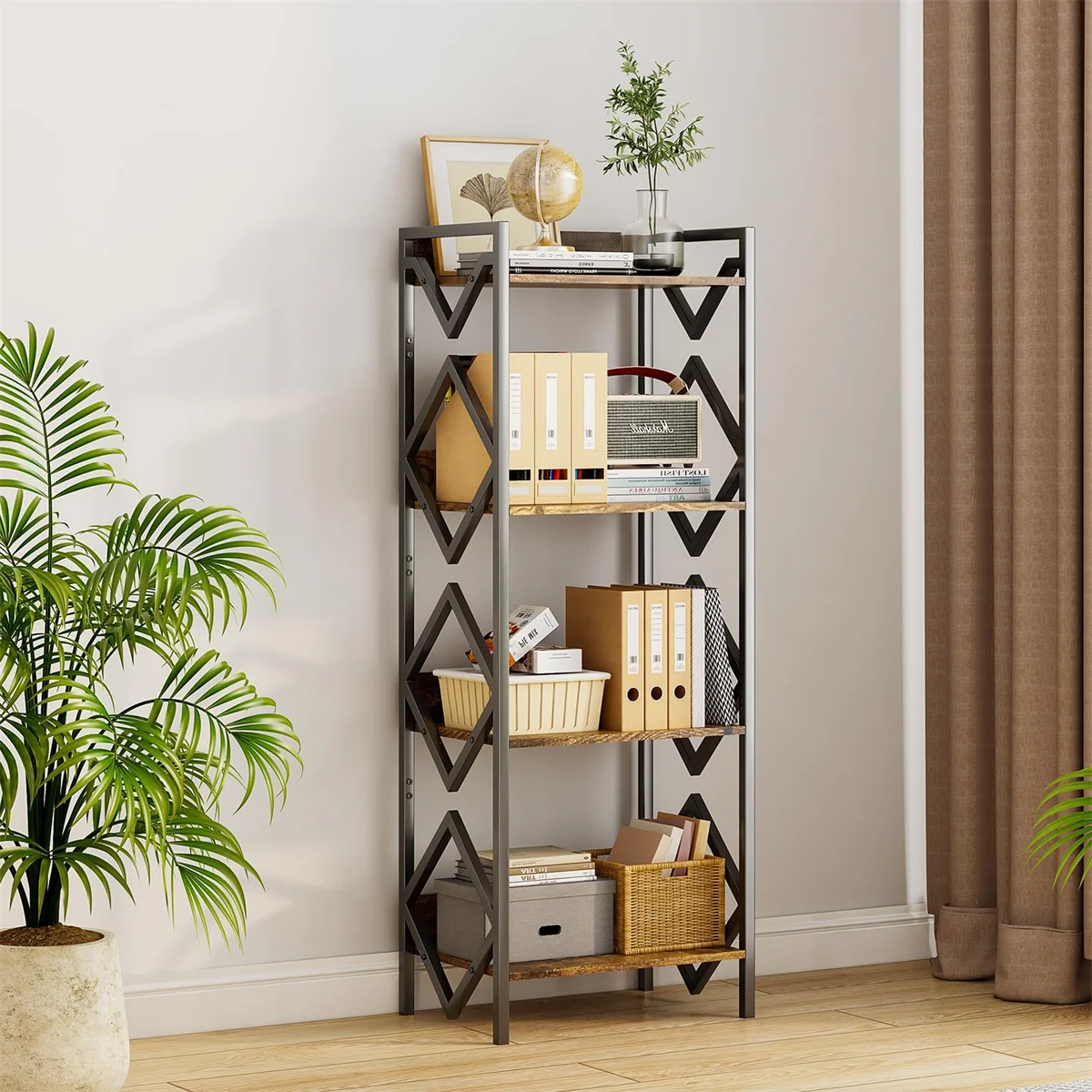 Side table, storage shelf with four storage spaces, bookshelf, steel frame, suitable for living room, study, bedroom