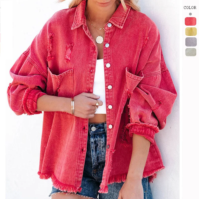 

New European and American Style Long-sleeved Rough Edge Ripped Denim Shirt, American Street Women's Fashion Red Denim Top Y2k