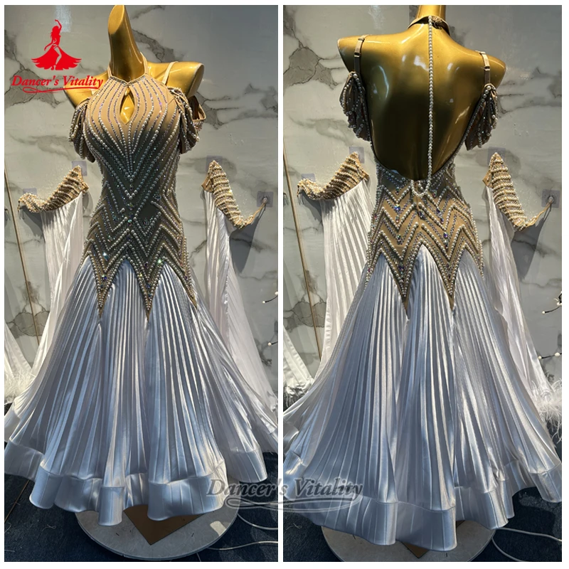 Social Dance Two-color Stitching Wrapped Hips Pleated Dress Customized Waltz Tango Contest Sleeveless Clothing Dancer's Vitality