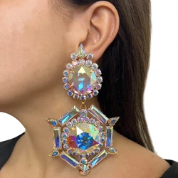 Stonefans AB Rhinestone Ear Clip Earrings for Women Statement Geometric Oversize Accessories Crystal Earrings Party Jewelry Gift