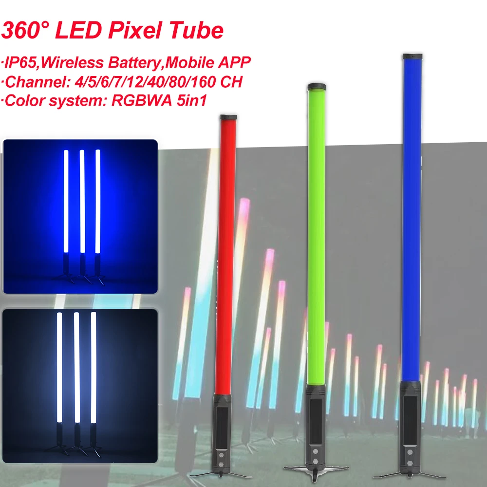 YUER Pixel Tube Lighting Waterproof Battery DMX Wireless Wifi 360 Pixel Tube RGBWA 5in1 LED With Charge Case