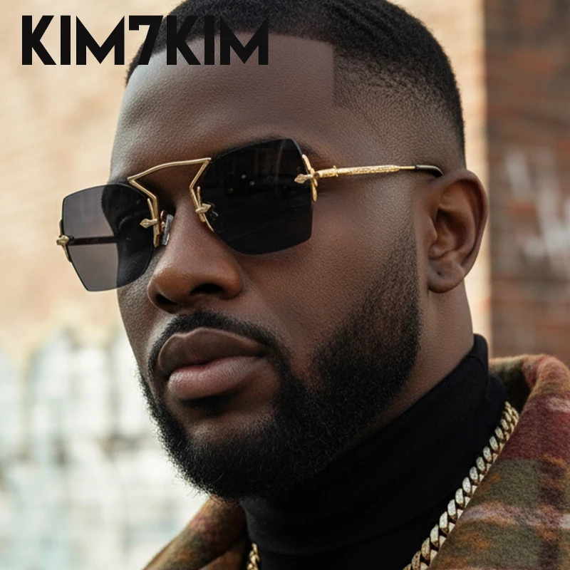 

Vintage Polygon Rimless Punk Sunglasses Men 2025 Luxury Brand Square Metal Frame Sunglass Outdoor Eyewear For Male UV400 Shades