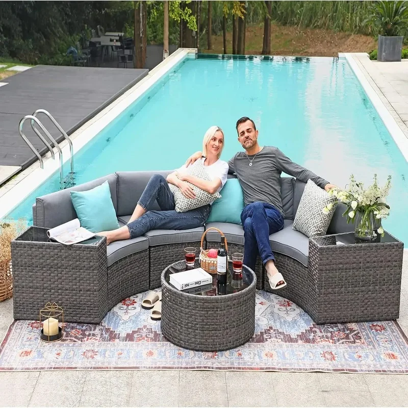 

7-Piece Curved Outdoor Sofa Set with Round Coffee Table, 4 Cushions, and Waterproof Cover