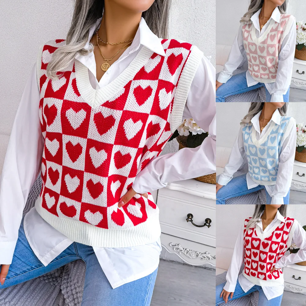 

Fall Winter College Sle Heart Knitted Vest Sweater Women's Loose Fit Mid-Thi Asymmetric Design Cross-Border Faion