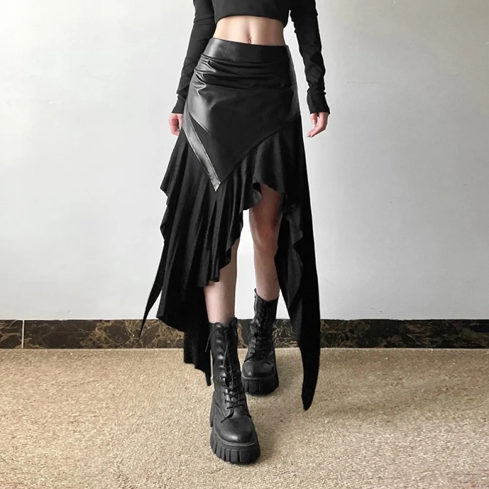 Faux Leather Patchwork Long Skirts Woman Elastic Waist Irregular Shape Hem High Street Fashion Ruched Elegant Bottoms