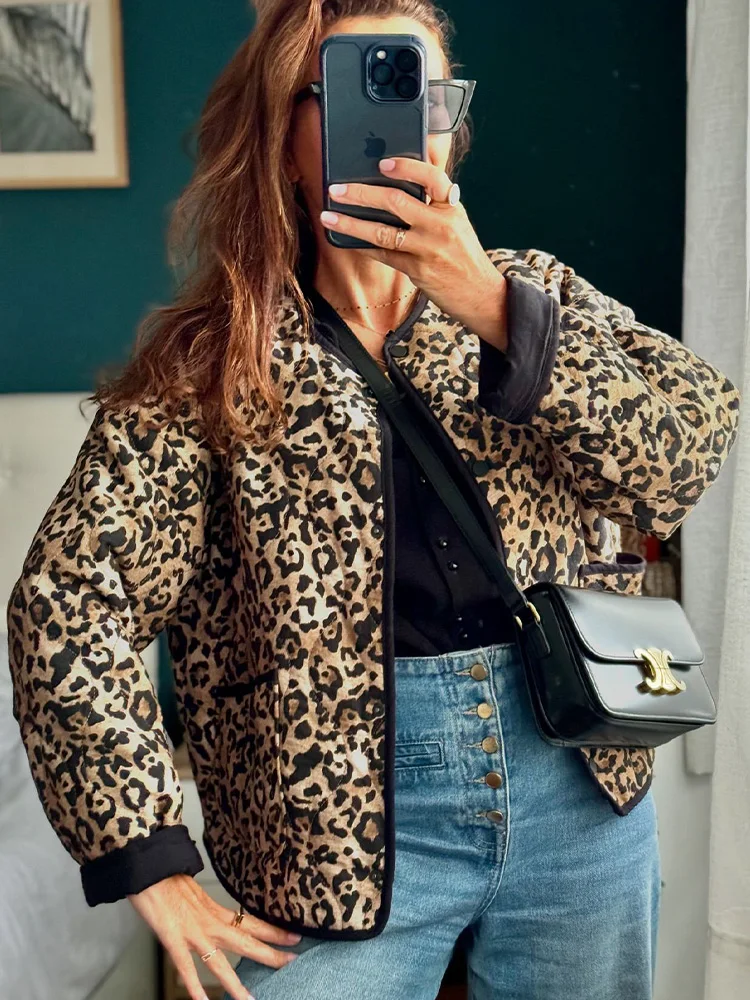 HH TRAF Women Winter Fashion Round Neck Leopard Print Cotton Coat Female Elegant Single Breasted Long Sleeve Zebra Print Jacket