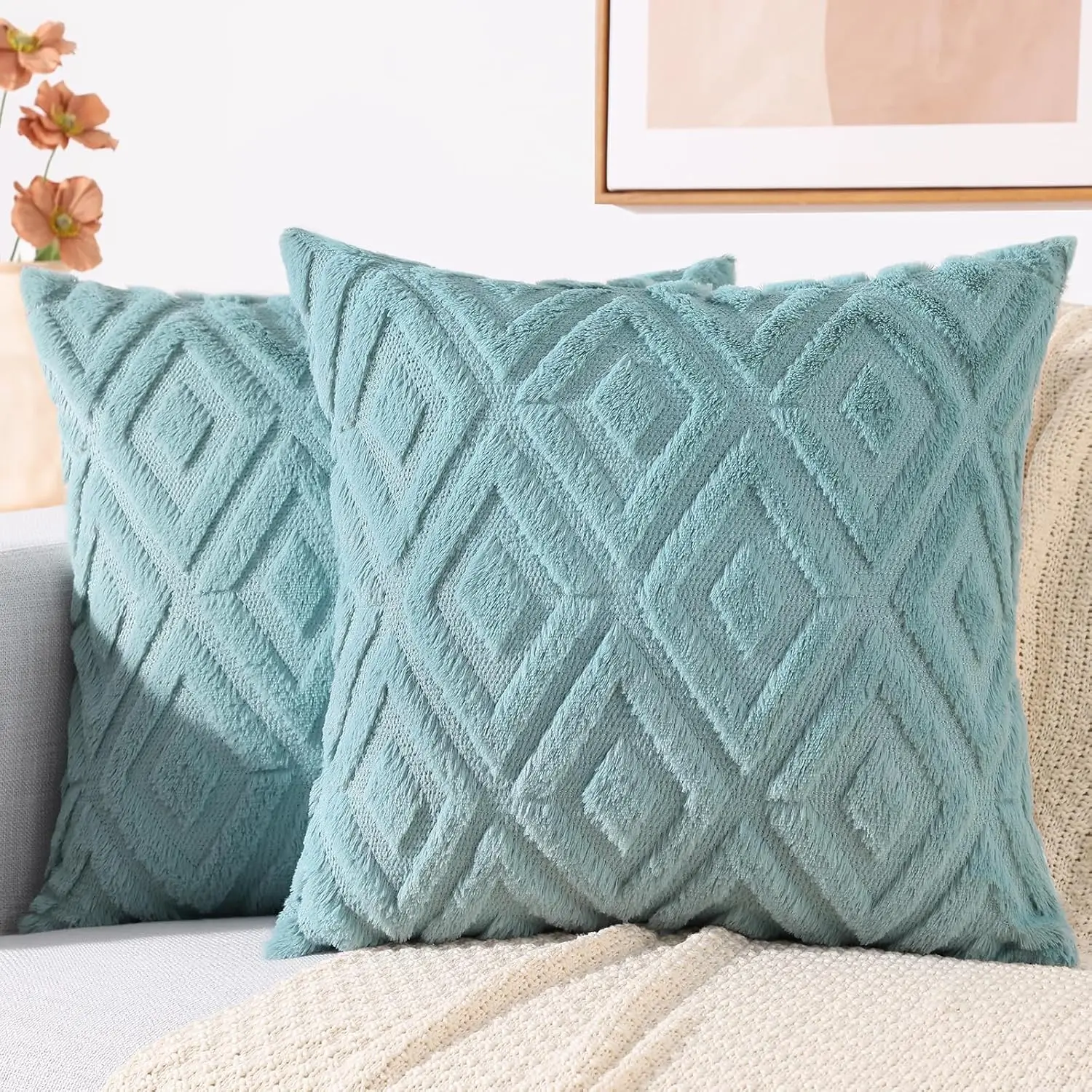 

Spring Couch Throw Pillow Covers 24X24 Set Of 2, Decorative Soft Plush Faux Wool Pillow Covers For Bed Sofa Living Room, Mint