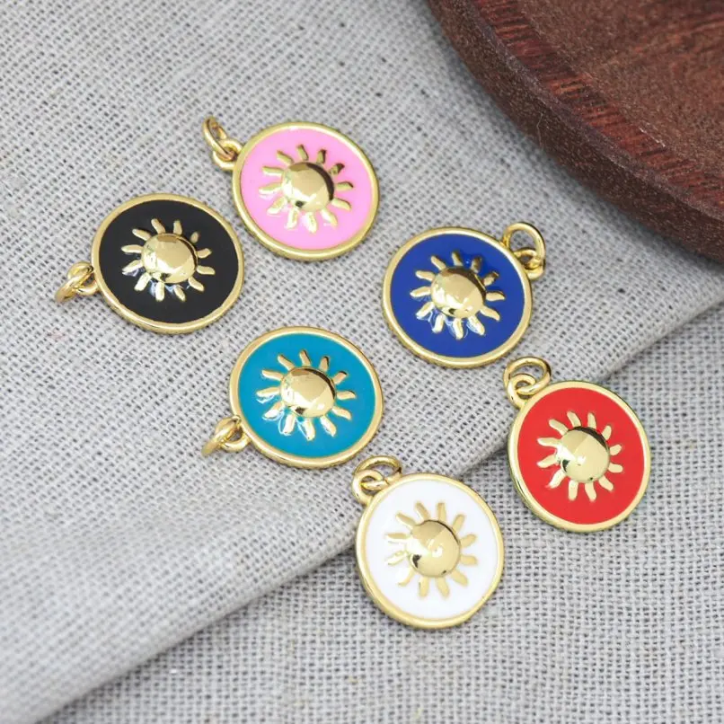 

2Pcs Copper Gold Color Charms Enamel Coin Sun Round Shape Star Circle Pendant Approx 13.7x18.8mm Jewelry For Women