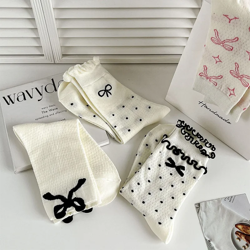 1 Pair Ballet Style Middle Tube Socks Women Elegant Cute Lolita Socks Mesh Breathable Lace Butterfly Knot Stacking Sock Y2K 2024