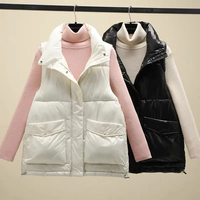 Women's Down Cotton Waistcoat Casual Vest Fashion Versatile Loose Stand-up Collar Sleeveless Outerwear Jackets for Women