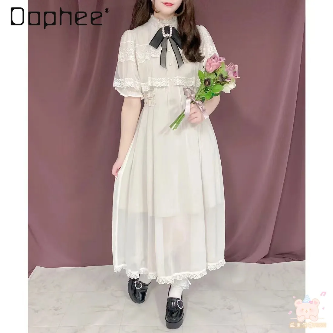 

Rojita Cloak Lace Stitching long Dress for Women Elegant Japanese Style Sweet Mine Series Mass Production Short Sleeve Dresses