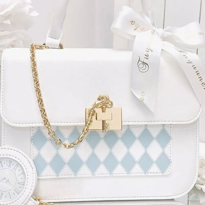 Cute Lolita Party Itabag 2023 Summer Kawaii Japanese Sweet Bow-knot Handbags for Women White PU Leather Messenger Bag