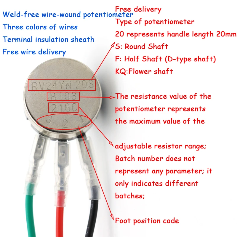 RV24YN20S 1Set Carbon Film Potentiometer 1K 2K 5K 10K 20K 50K 100K 1M Ohm Single Rotary Taper  With Black, Red, GreenColor Lines